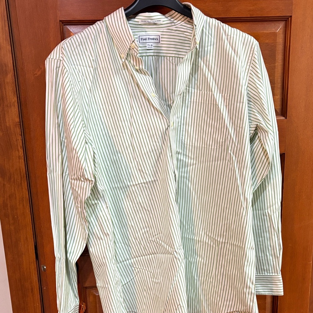 Paul Fredrick Men's Casual Shirt with Light Green Stripes